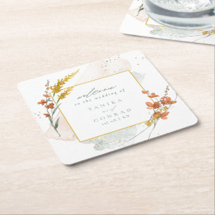 Waterverf Wildflower Wedding Welcome Gold ID954 Vierkante Kartonnen Onderzetter