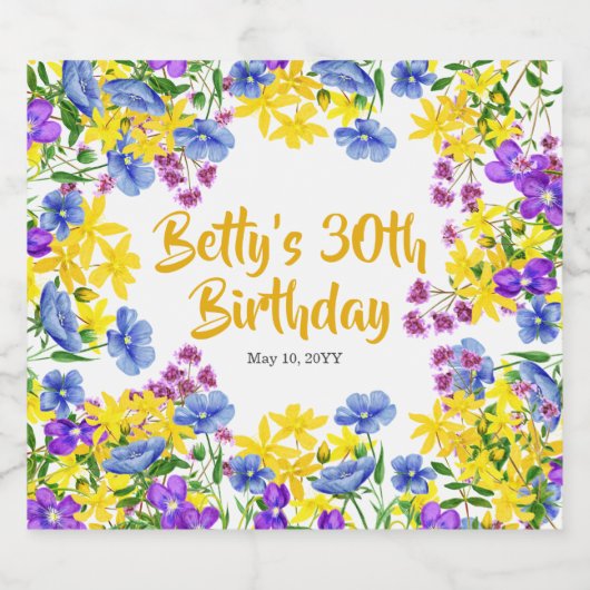 Waterverf Wildflowers 30e verjaardagsfeest Sparkling Wijnetiket (Enkel label)