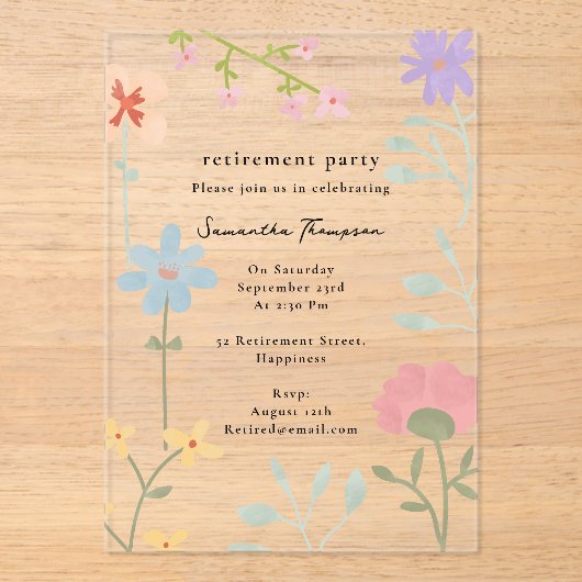 Waterverf Wildflowers Floral Retirement Party Acryl Uitnodigingen (Voorkant)