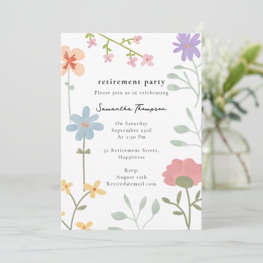 Waterverf Wildflowers Floral Retirement Party Kaart (Staand voorkant)