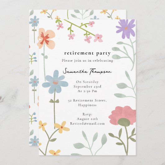 Waterverf Wildflowers Floral Retirement Party Kaart (Voorkant / Achterkant)