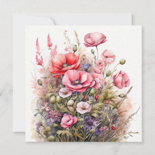 Waterverf Wildflowers, Poppy Flowers Boeket Kaart (Voorkant)