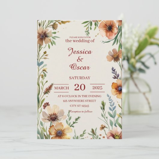 Waterverf Wildflowers Wedding Kaart (Staand voorkant)