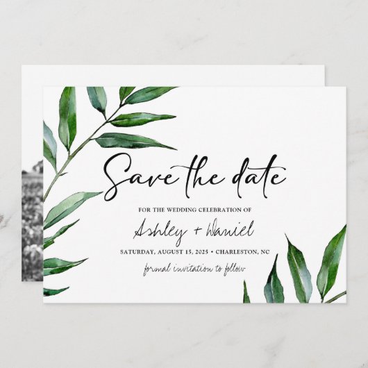 Waterverf wilg verlaat save the date kaart (Voorkant / Achterkant)