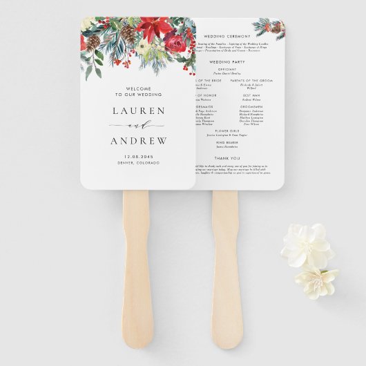 Waterverf Winter Blooms Garland Trouwprogramma Handwaaier (Voorkant en achterkant)