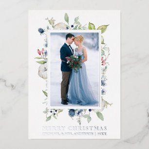 Waterverf Winter Blue Floral Pas getrouwd Silver Folie Feestdagenkaart