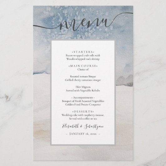 Waterverf winter Blue Silver Wedding Menu (Voorkant)