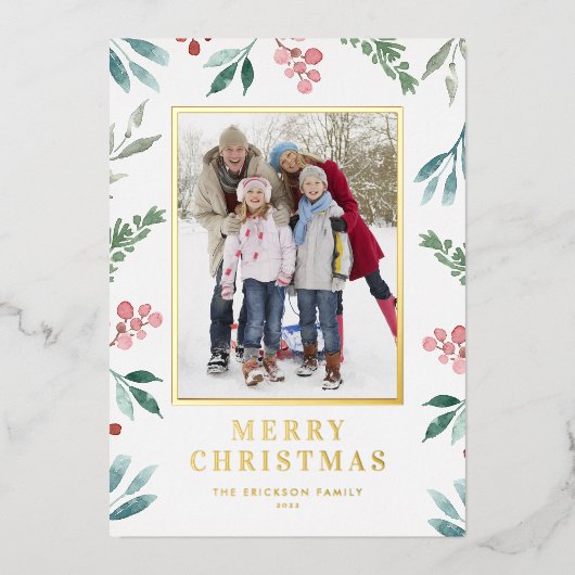 Waterverf Winter Botanische Lijst kerstfoto Folie Feestdagenkaart (Voorkant)