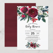 Waterverf Winter Burgundy Flowers Baby shower