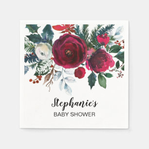 Waterverf Winter Burgundy Flowers Baby shower Servet