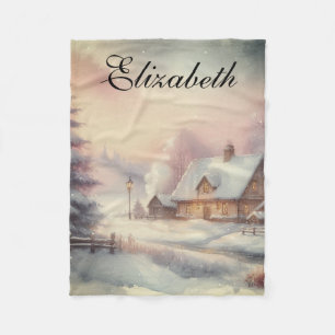 Waterverf Winter Cottage Snowy Landscape Fleece Deken
