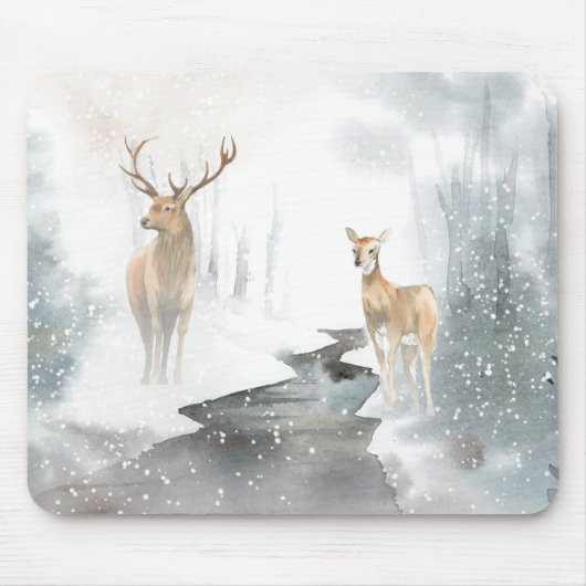 Waterverf Winter Deer Scene Muismat (Voorkant)