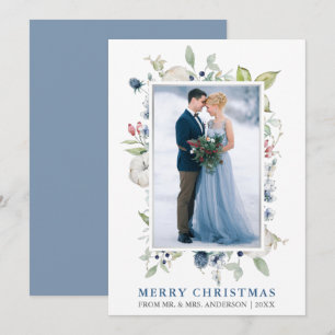 Waterverf Winter Floral Blue Silver Pas getrouwd Feestdagenkaart