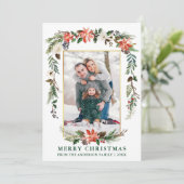 Waterverf Winter Floral Foto Gold Green Feestdagenkaart (Staand voorkant)