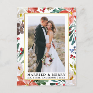 Waterverf Winter Floral Married en Merry Briefkaart