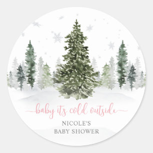 Waterverf Winter Forest Pink Baby shower Ronde Sticker