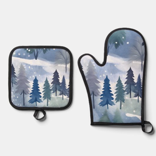Waterverf Winter Forest Seamless Pattern Ovenwant & Pannenlap Set (Voorkant)