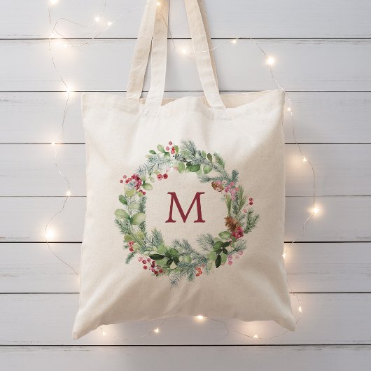 Waterverf Winter Greenery Wreath Monogram Tote Bag