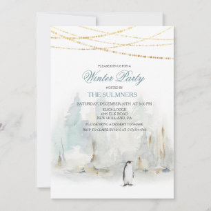 Waterverf Winter Holiday Party Penguin Invitation