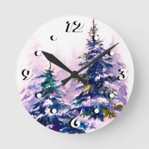 Waterverf winter kerstboom moderne tijd ronde klok