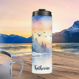 Waterverf Winter Meer Vogels Zonsopgang Persoonlij Thermosbeker