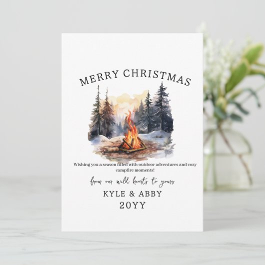 Waterverf Winter Pine Tree Bonfire Christmas Kaart (Staand voorkant)