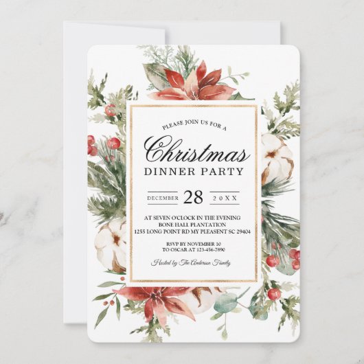 Waterverf Winter Poinsettia & Groene Pijnboom I Kaart (Voorkant)