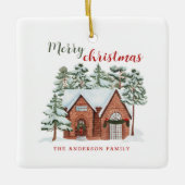 Waterverf Winter Rood Groene Noordse Pijnbomen Ker Keramisch Ornament (Voorkant)