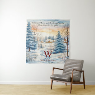 Waterverf Winter Sneeuwvlok Hut in bos Monogram Wandkleed
