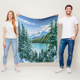 Waterverf Winter Snowfall Lake Mountains Natuur Fleece Deken