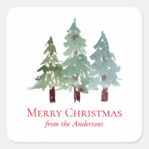 Waterverf Winter Snowy Pine Kerstmis Vierkante Sticker