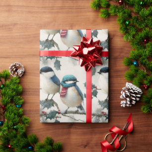 Waterverf Winter Vogels met Rode Sjaal Cadeaupapier