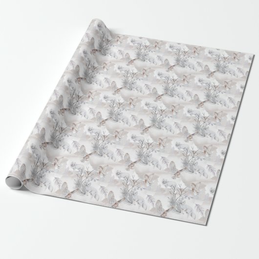 Waterverf Winter White Owl Snow Fox Pattern Cadeaupapier (Uitgerold)