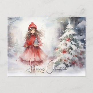 Waterverf Winter Wonderland Christmas Red Sprite Feestdagenkaart