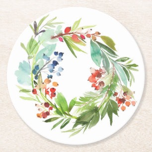 Waterverf Winterberry Holly en Juniper Christmas Ronde Kartonnen Onderzetter