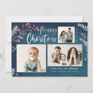 Waterverf winterbessen Silver Foil Pine Feestdagenkaart