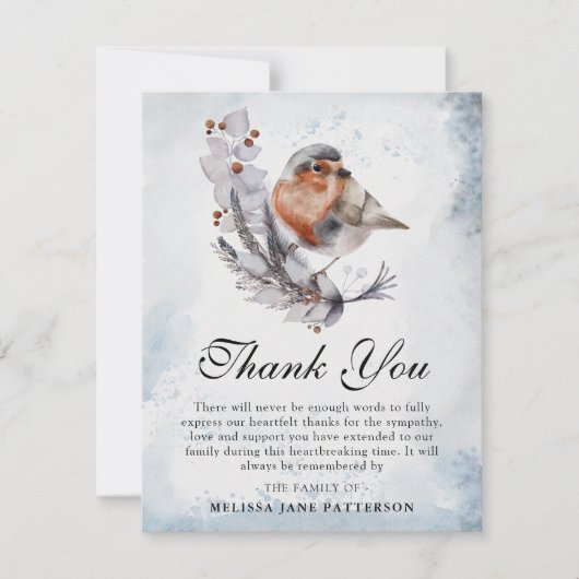 Waterverf Winterbladeren & Robin Begrafenis Bedankkaart (Voorkant)