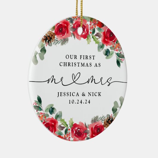 Waterverf winterbloemen Pas getrouwd eerste kerst Keramisch Ornament (Rechts)