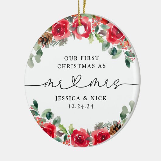 Waterverf winterbloemen Pas getrouwd eerste kerst Keramisch Ornament (Links)