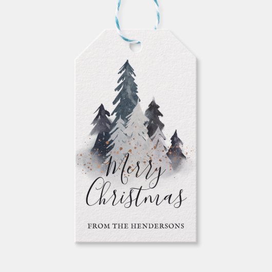 Waterverf Winterboom Kerst Cadeaulabel (Voorkant)