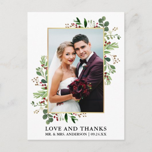 Waterverf Wintergroen Dank Liefde Goud Briefkaart (Voorkant)