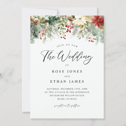 Waterverf Wintergroen Kerstbruiloft Kaart (Voorkant)