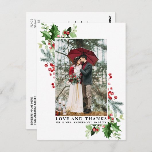 Waterverf Wintergroen Liefde en Dank Trouwen Briefkaart (Voorkant / Achterkant)