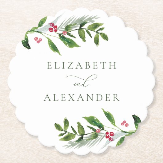 Waterverf Wintergroen Modern Kerstmis Kartonnen Onderzetters (Voorkant)