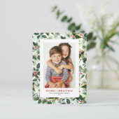 Waterverf Wintergroen Vrolijk kerstfeest Foto Feestdagenkaart (Staand voorkant)