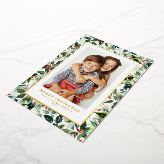 Waterverf Wintergroen Vrolijk kerstfeest Foto Folie Feestdagenkaart (Gedraaid)