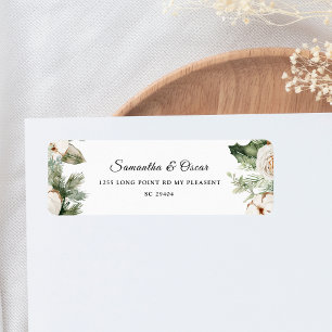 Waterverf Wintergroene pine-boom en witte bloemen Etiket