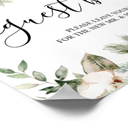 Waterverf Wintergroene pine-boom en witte bloemen Poster (Hoek)