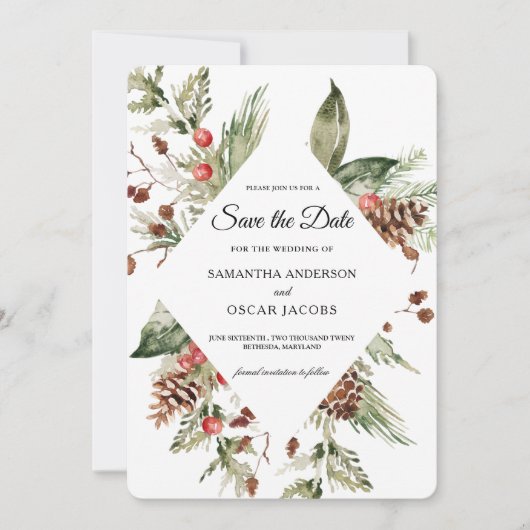 Waterverf wintergroene sinusboom en pijnkloon save the date (Voorkant)