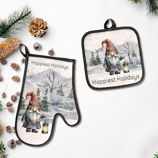 Waterverf winterkerstkabouter ovenwant & pannenlap set